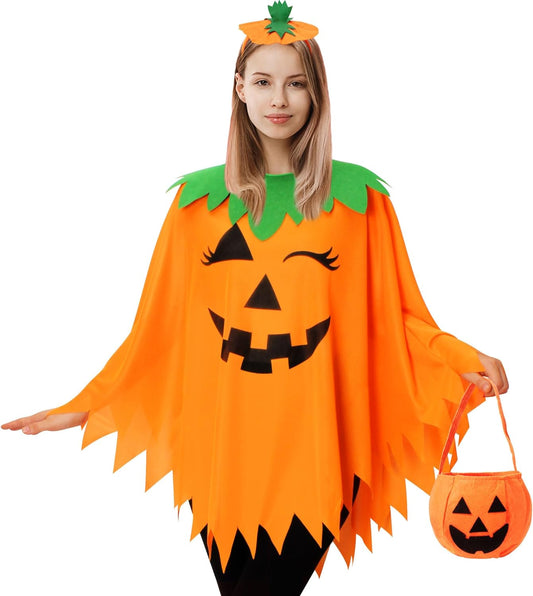 Halloween Pumpkin Poncho for Women,Pumpkin Cape Costume with Headband and Candy Bag,Halloween Costume for Women Adults