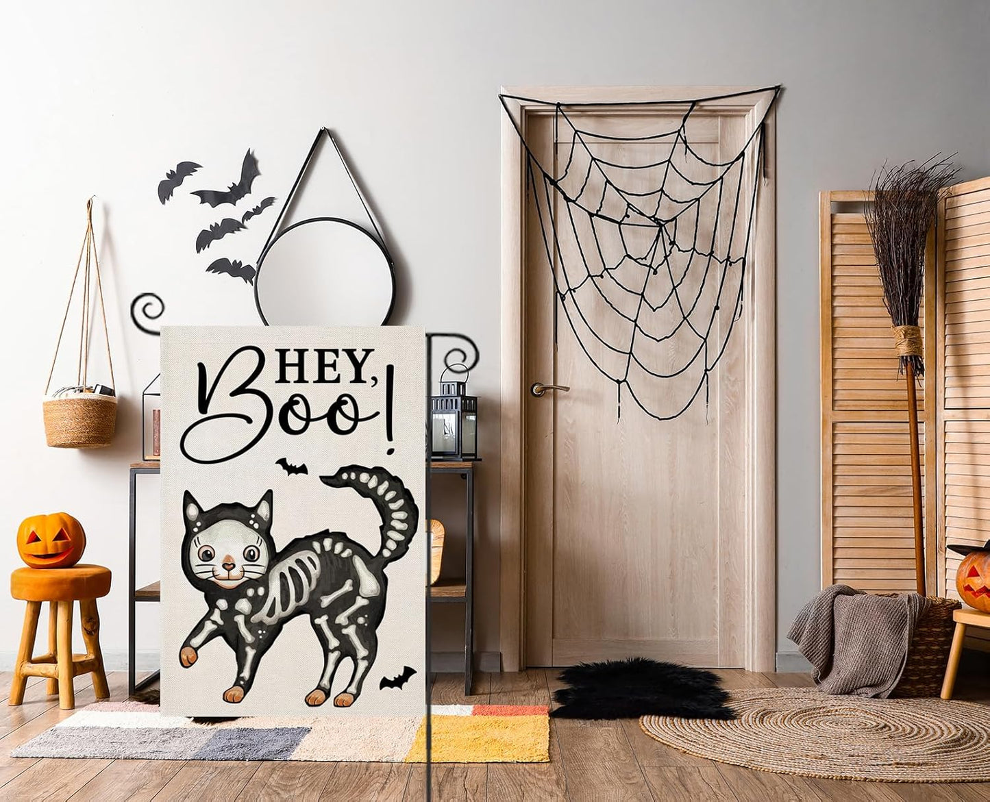 Halloween Garden Flags for outside Decoration, Spooky Boo HEY Skeleton Cat Small Yard Flag for Outdoor Seasonal Decor 12X18 Inch Vertical Double Sided