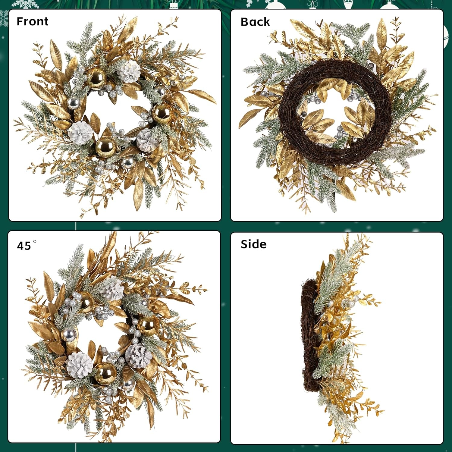 Christmas Wreath 20 Inch Christmas Door Decorations Wreath with Warm Lights,Christmas Balls, Pine Cones, Golden Twigs, Pine Needles and Silver Berries for Door Window Outdoor Home Decoration