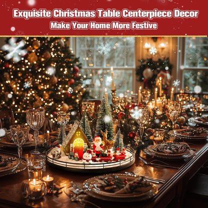 12 Pcs Christmas Table Decorations Indoor Christmas Village Sets, Winter Xmas Holiday 13” Lazy Susan with Light-Up House Christmas Trees Santa Snowman Table Centerpieces Town Building Collection Décor