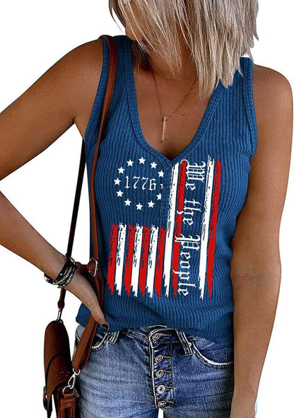 Womens American Flag Button V-Neck Tank Coloful Printed Sleeveless Patriotic Shirts Summer Tops