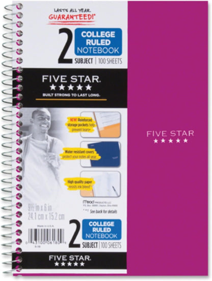 Spiral Notebook, 2 Subject, College Ruled Paper, 100 Sheets, 9-1/2" X 6", Color Selected for You, 1 Count (06180)