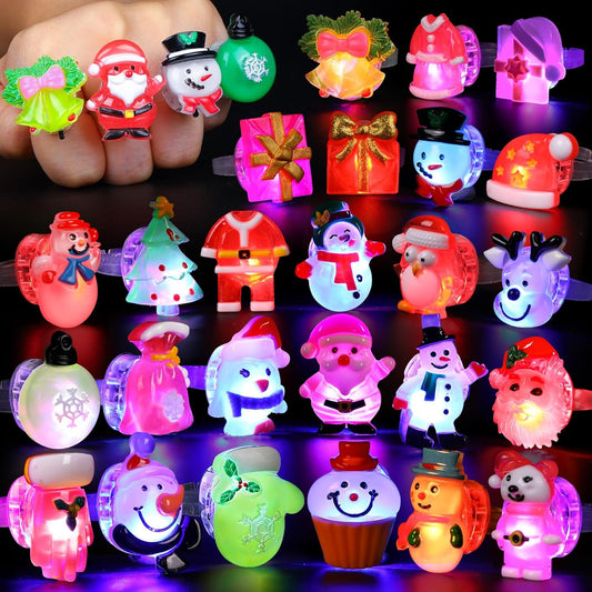 Christmas Party Favors 25Pcs 3D LED Finger Lights for Kid & Adults Toys Light up Rings Stocking Stuffers Party Favors Assorted Styles Gift Package No-Repeat Non Candy Gift New Version