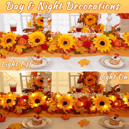 Fall Decor Fall Garland, 5.9 Ft/Piece Fall Garland for Mantle, Fall Garland with Lights Sunflower Maple Leaves Peony Marigold for Home Indoor Outdoor Decor