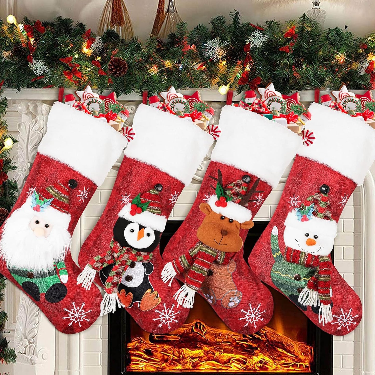 Christmas Stockings 4 Pack, 19'' Xmas Stockings with Snowflake Santa Snowman Reindeer Penguin and Plush Faux Fur Cuff Stockings for Stairs Fireplace Hanging Xmas Home Decor