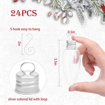 24 PCS Christmas Booze Balls-Fillable Booze Tree Ornaments with S Hook-Light Bulb Ornaments for Crafts-Clear Plastic Xmas Ornaments Booze Ball for Xmas Home Party Decor