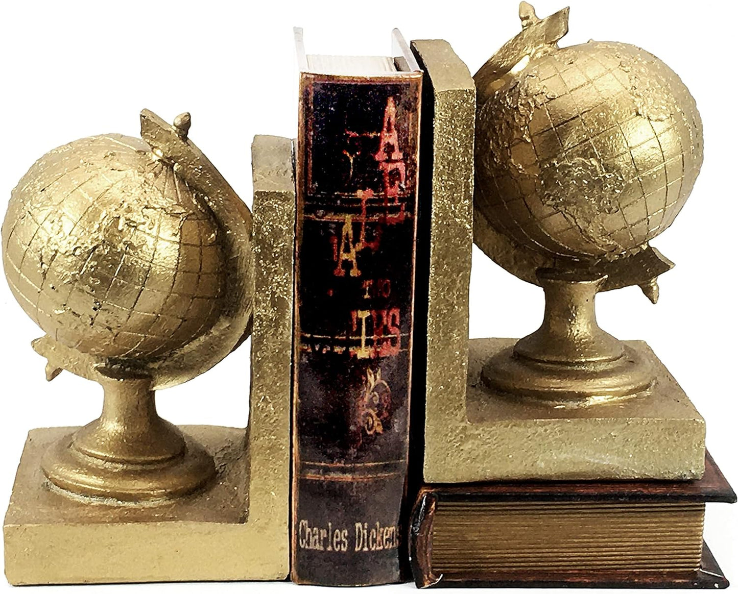 Vintage Globe Bookends Decorative Tellurion Antiques Unique Old World Map Rustic Nonskid Book Ends Desk Bookshelf Shelves Stoppers Holder Farmhouse Boho Decor Gold