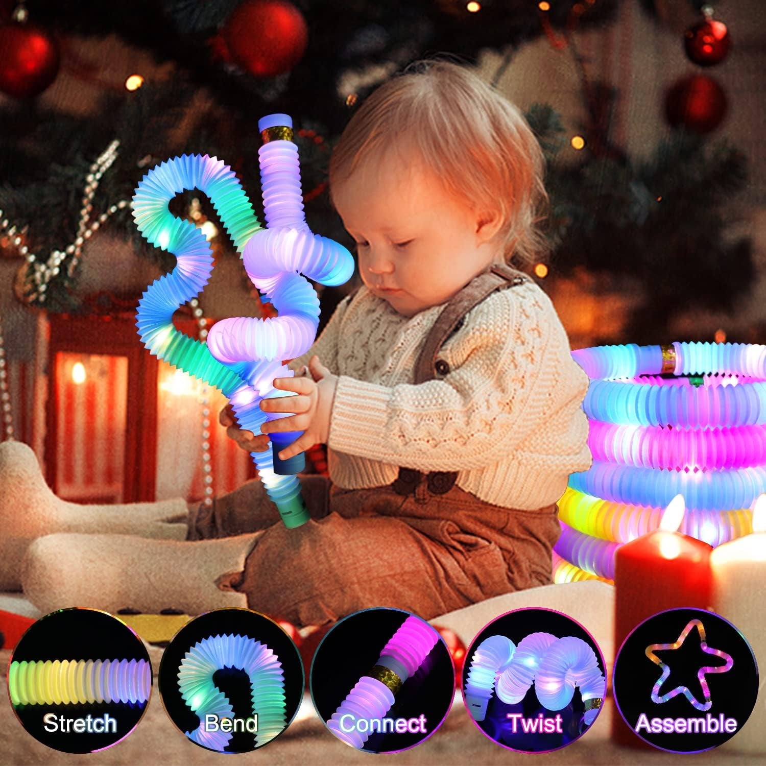 Light up Glow Sticks Fidget Pop Tubes, 24 Pack Glow in the Dark Party Supplies Toddler Sensory Toys, Glow Stick Thanksgiving Christmas Party Favors Party Pack Gifts for Kids