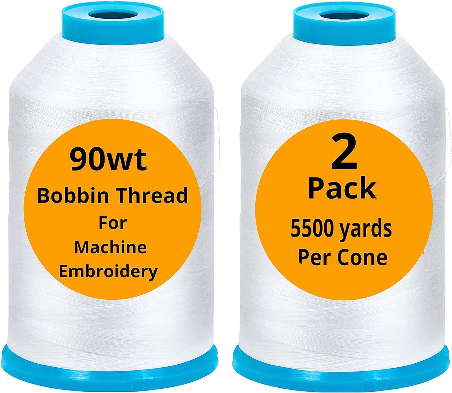 2-Pack Premium 90 WT Machine Embroidery Bobbin Thread White - Set of 2 X-Large Huge Polyester Cones 5500 Yards Each Spool Lint Free White Thread - Compatible with All Embroidery and Sewing Machines
