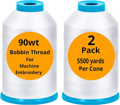 2-Pack Premium 90 WT Machine Embroidery Bobbin Thread White - Set of 2 X-Large Huge Polyester Cones 5500 Yards Each Spool Lint Free White Thread - Compatible with All Embroidery and Sewing Machines