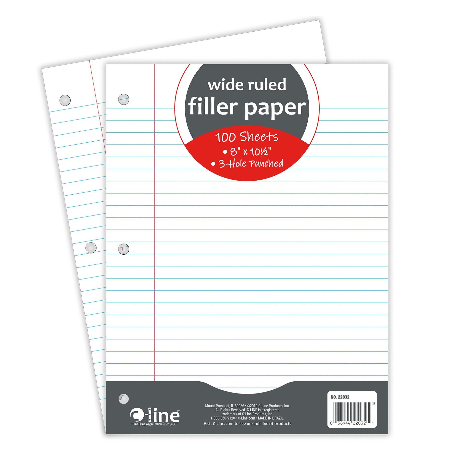 Filler Paper, Wide Ruled, 8" x 10-1/2", White, 100 Sheets Per Pack, 12 Packs - Loomini