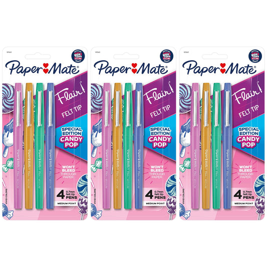 Flair Felt Tip Pens, Medium Point, Candy Pop Pack, 4 Per Pack, 3 Packs - Loomini