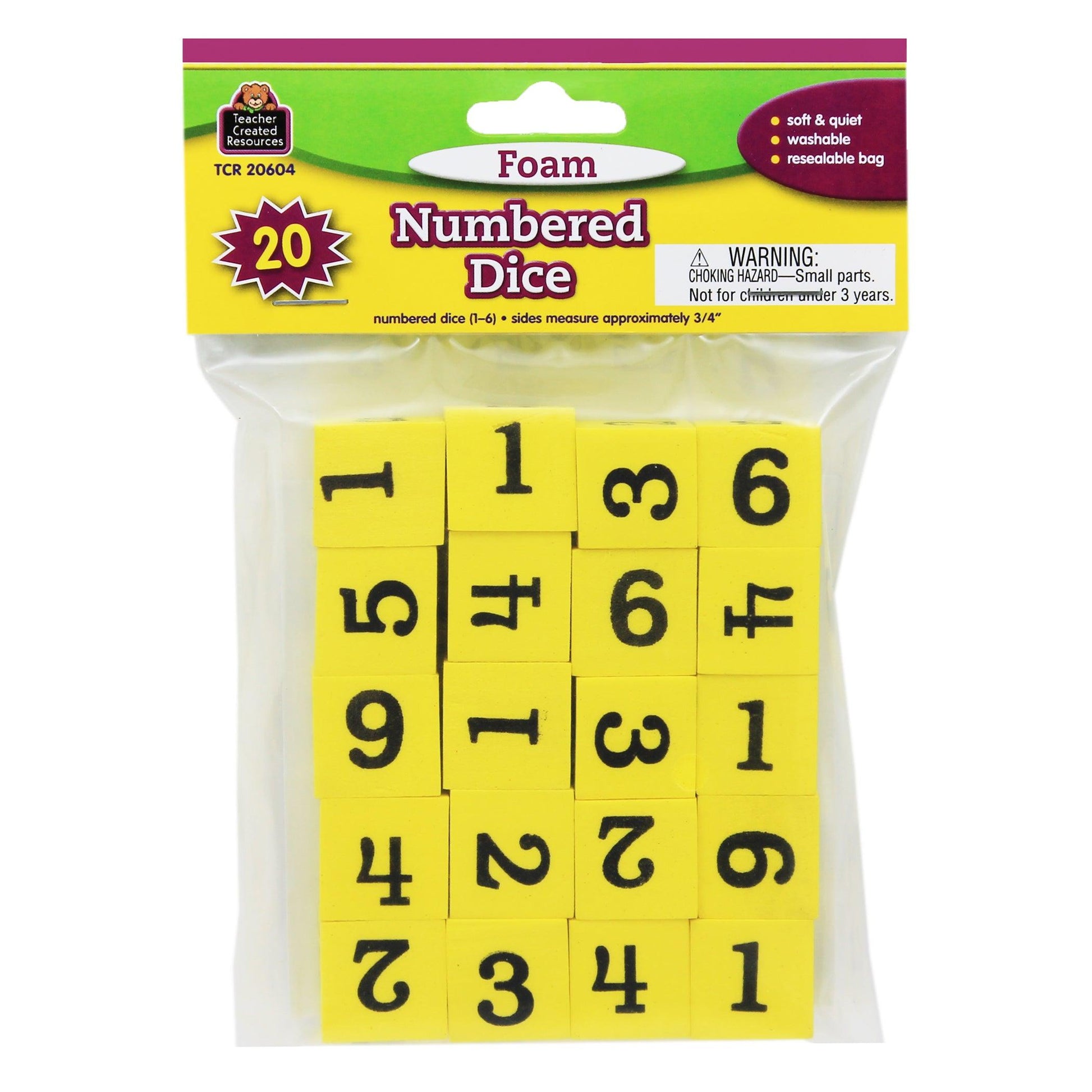 Foam Numbered Dice (1-6), 20 Per Pack, 3 Packs - Loomini