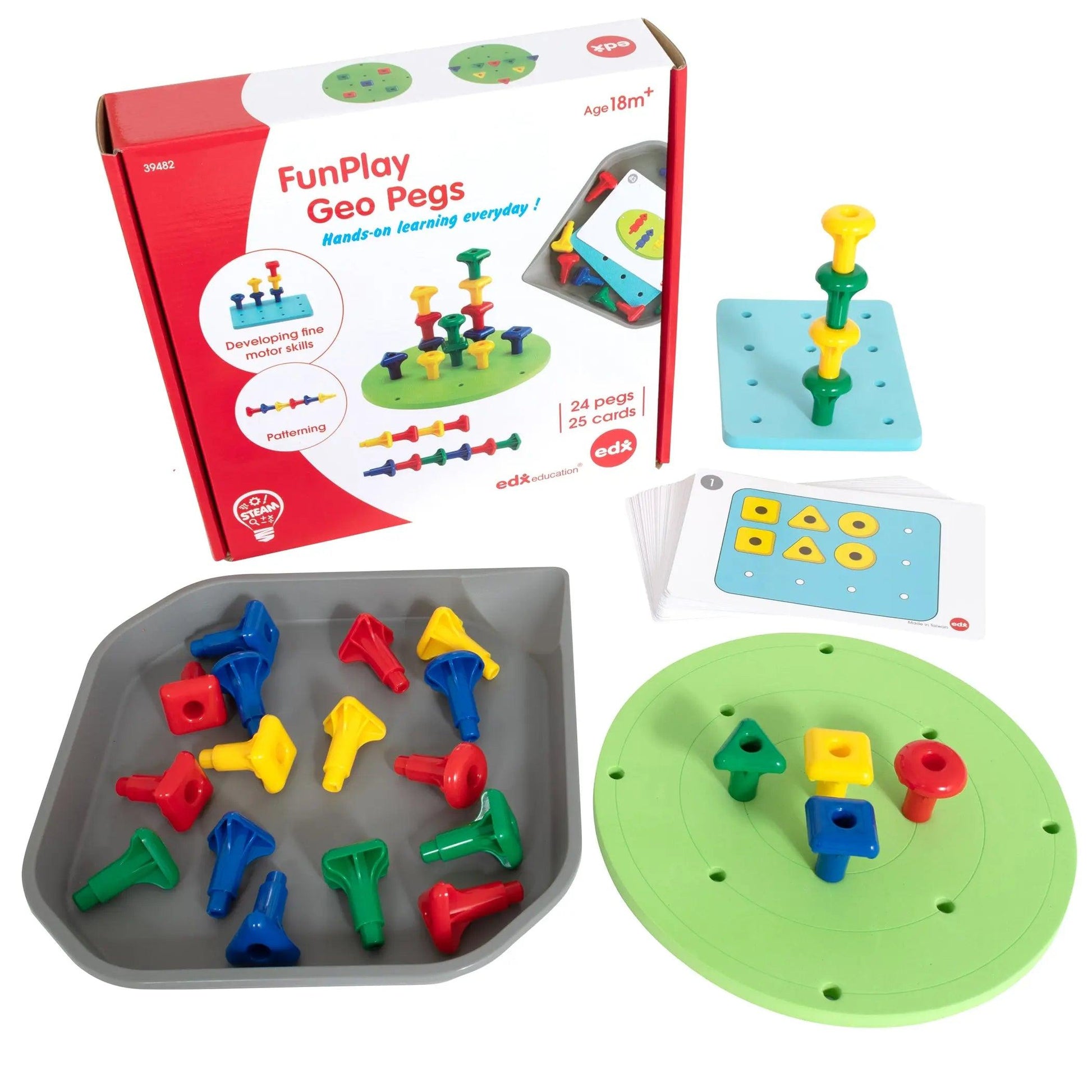 FunPlay Geo Pegs - 18m+ - 24 Plastic Pegs + 2 Pegboards + 50 Activities + Messy Tray Edxeducation®