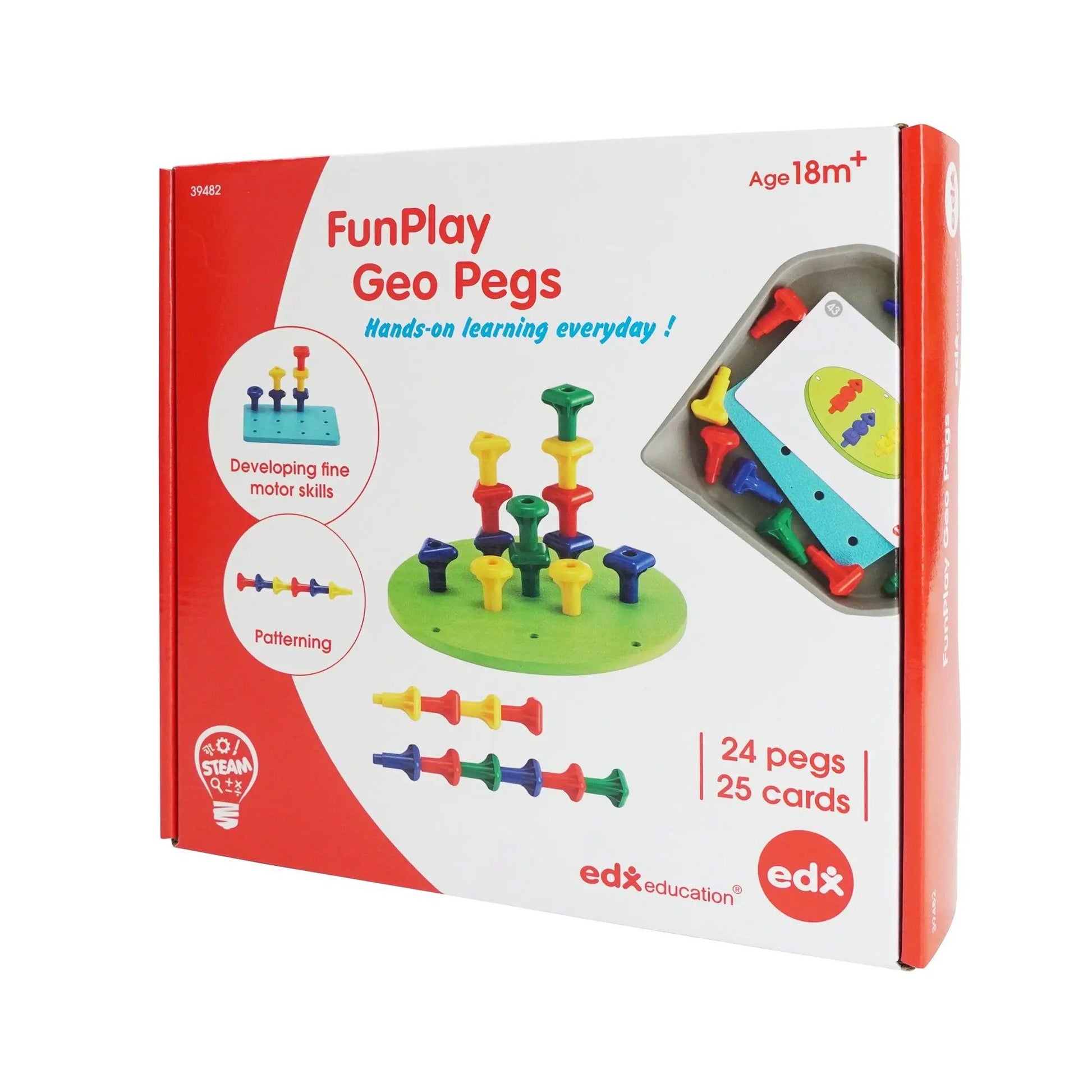 FunPlay Geo Pegs - 18m+ - 24 Plastic Pegs + 2 Pegboards + 50 Activities + Messy Tray Edxeducation®