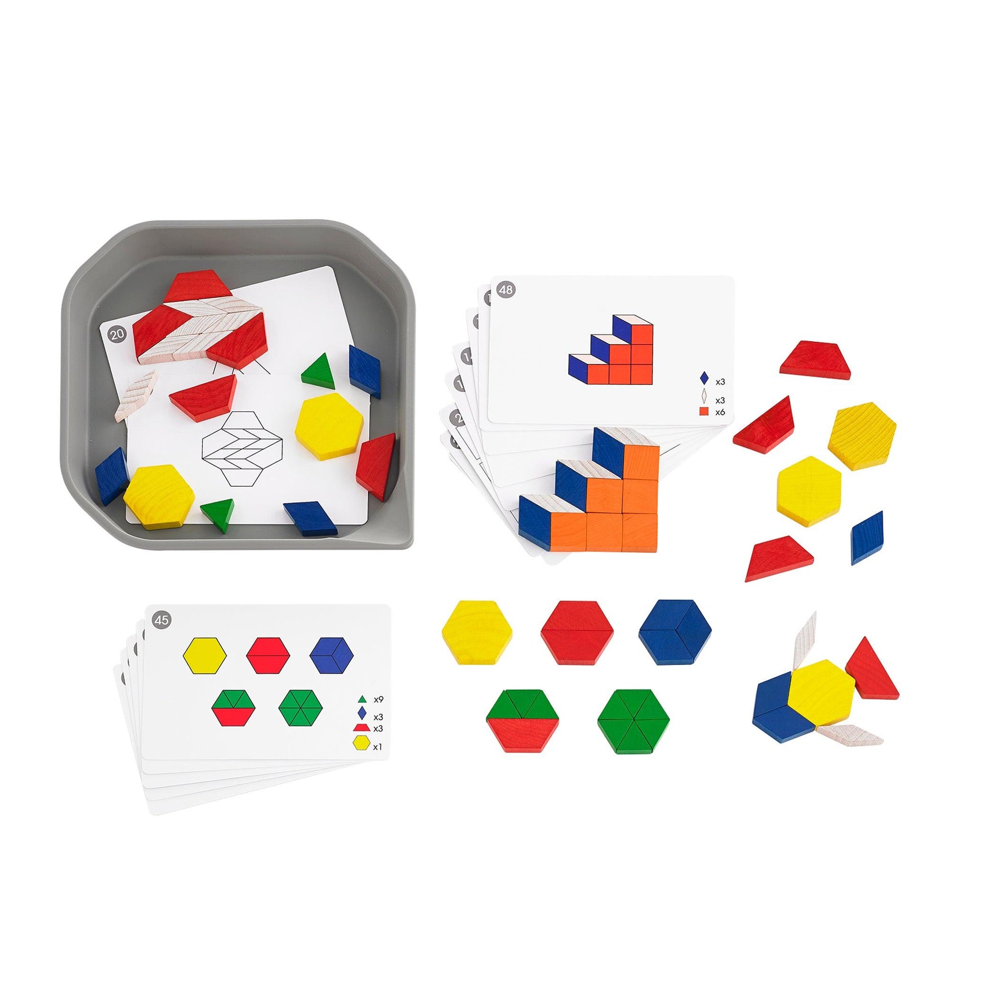 FunPlay Pattern Blocks - Set of 60 Wooden Math Manipulatives + 50 Activities + Messy Tray - Loomini