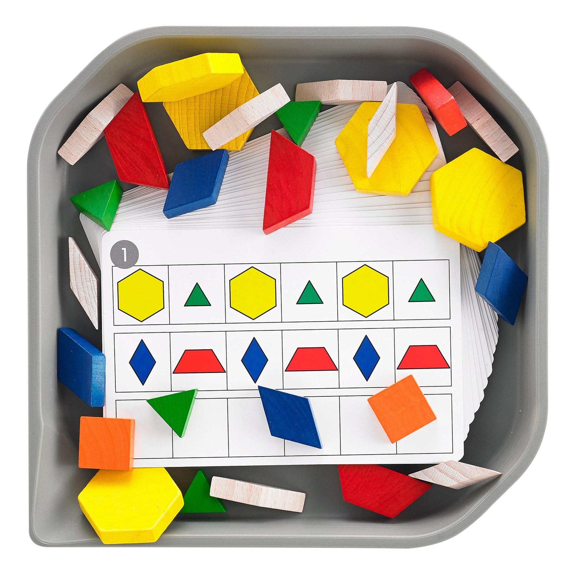 FunPlay Pattern Blocks - Set of 60 Wooden Math Manipulatives + 50 Activities + Messy Tray - Loomini