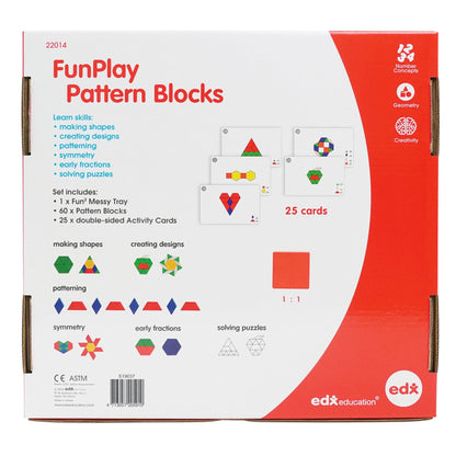 FunPlay Pattern Blocks - Set of 60 Wooden Math Manipulatives + 50 Activities + Messy Tray - Loomini