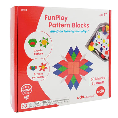 FunPlay Pattern Blocks - Set of 60 Wooden Math Manipulatives + 50 Activities + Messy Tray - Loomini