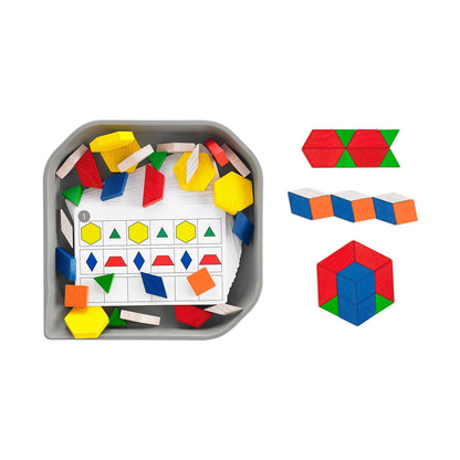 FunPlay Pattern Blocks - Set of 60 Wooden Math Manipulatives + 50 Activities + Messy Tray - Loomini