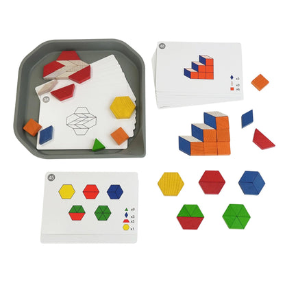 FunPlay Pattern Blocks - Set of 60 Wooden Math Manipulatives + 50 Activities + Messy Tray - Loomini