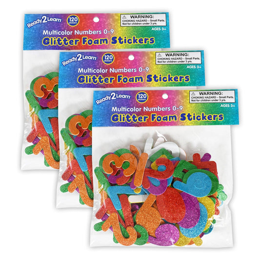 Glitter Foam Stickers - Numbers - Multicolor - 120 Per Pack - 3 Packs - Loomini