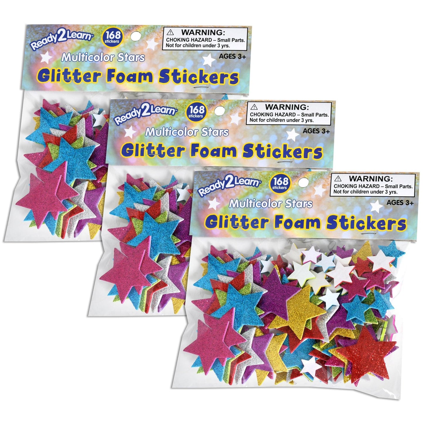 Glitter Foam Stickers - Stars - Multicolor, 168 Per Pack, 3 Packs - Loomini