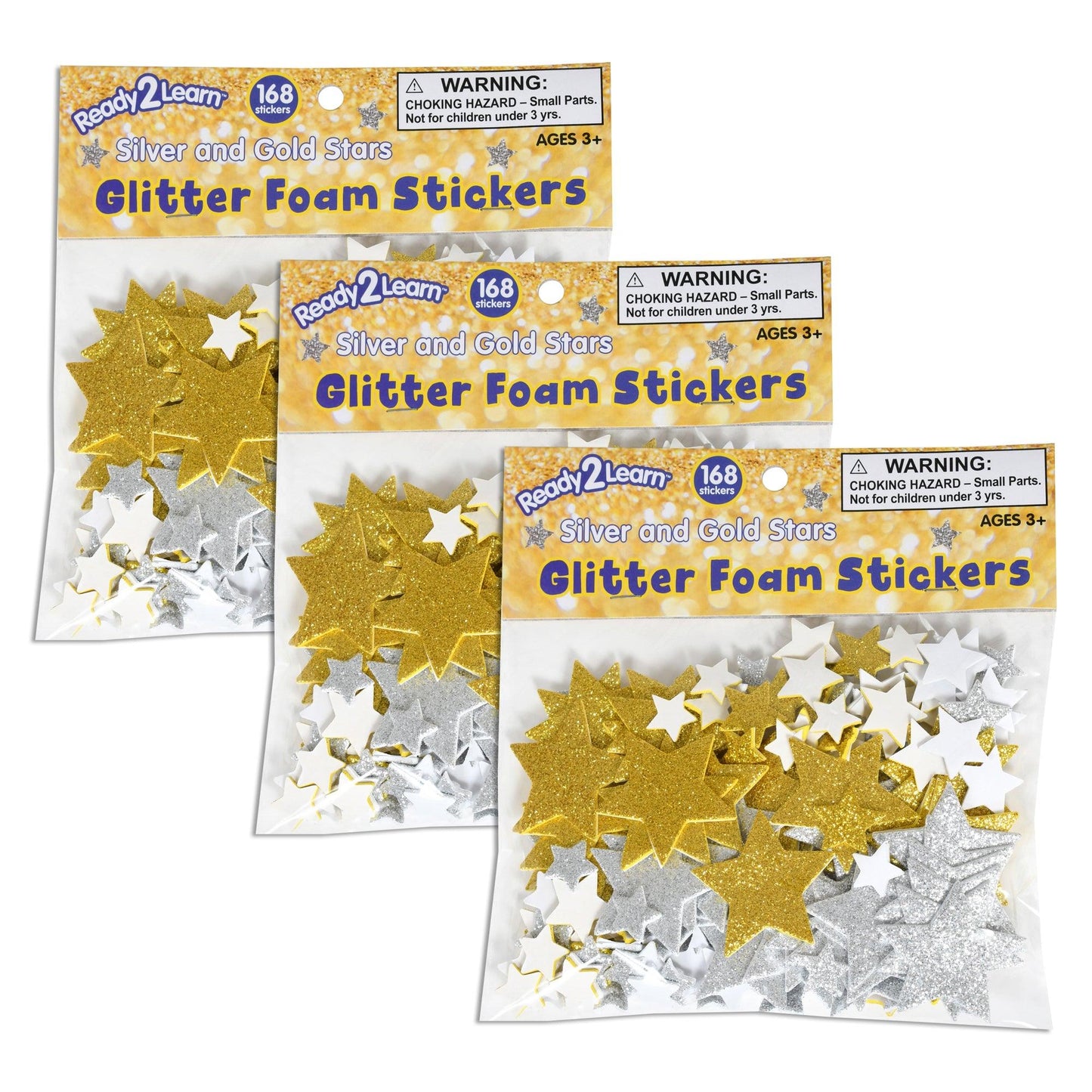 Glitter Foam Stickers - Stars - Silver and Gold, 168 Per Pack, 3 Packs - Loomini