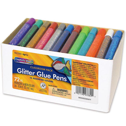 Glitter Glue Pens, Classroom Pack, Assorted Iridescent & Neon Colors, 0.34 fl. oz., 72 Pens - Loomini