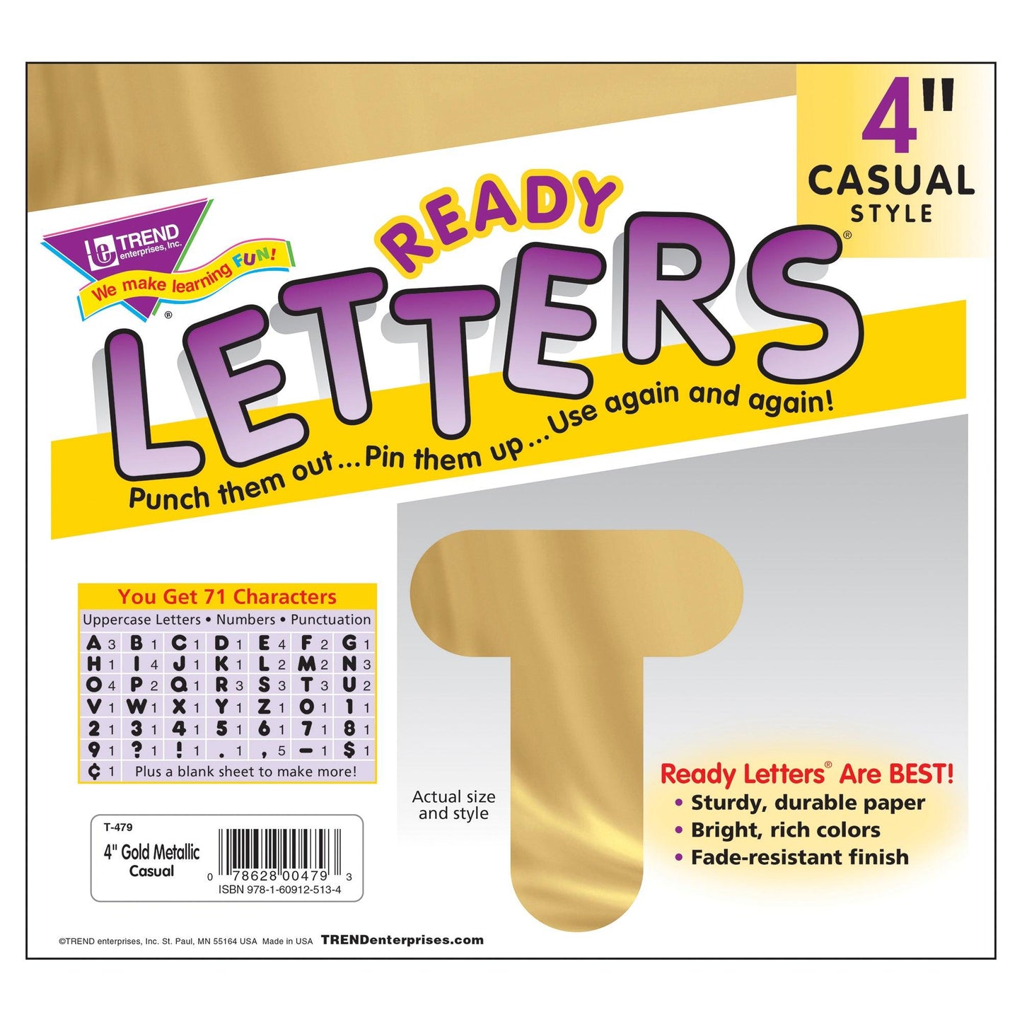 Gold Metallic 4" Casual Uppercase Ready Letters®, 71 Per Pack, 3 Packs - Loomini