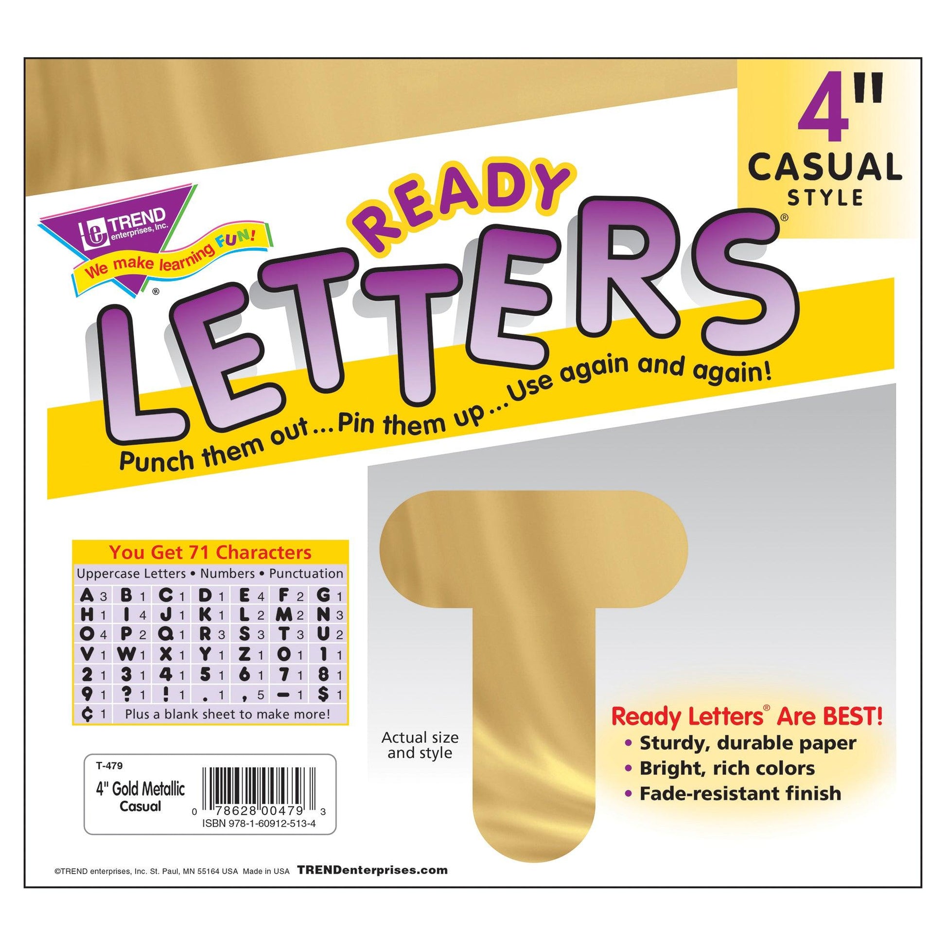 Gold Metallic 4" Casual Uppercase Ready Letters®, 71 Per Pack, 3 Packs - Loomini