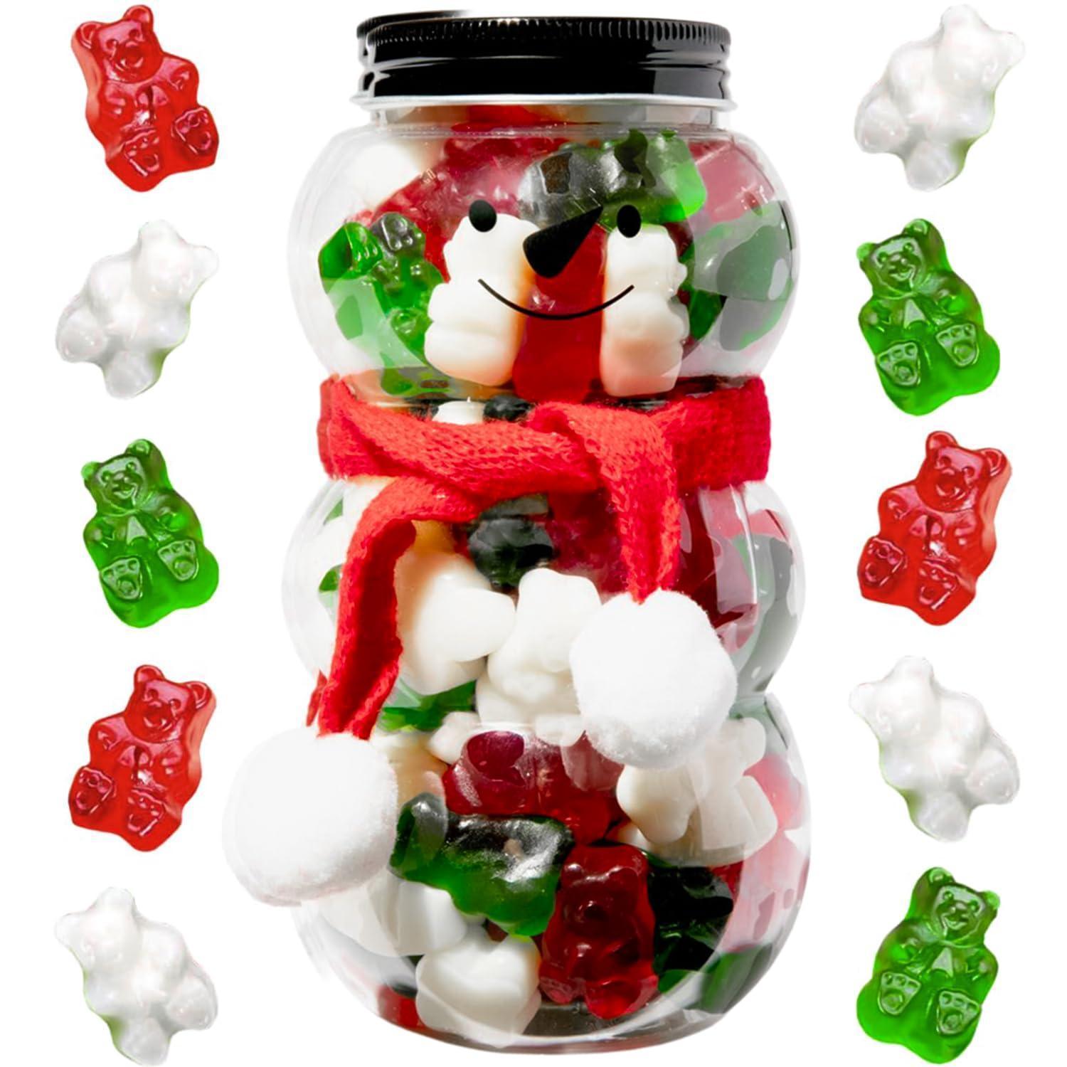 Gummy Bear Snowman Candy Jar | Delightful Gummy Bears Jar Gift with Red Scarf | A Sweet Stuffed Winter Treat for Christmas - Loomini