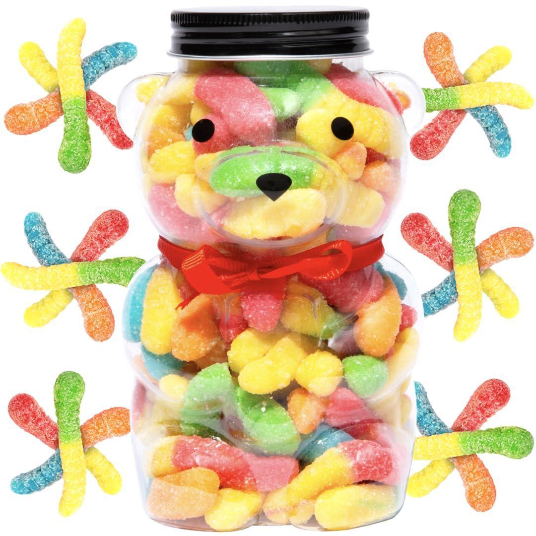 Gummy Worms Candy Gift Ready Plastic Jar Stuffed With Sweet Gummies Candy almost 1 LB sour gummies In Bear Shaped Container With Stunning Red Bow Assorted Gummy Candy Candy Gift For All Occasions. (Sour Worms) - Loomini