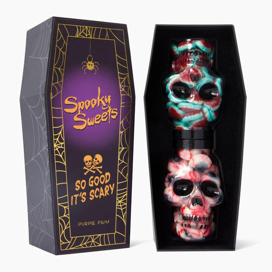 Halloween Trick or Treat Candies | Brain and Eyeball Gummies in Skull Shaped Candy Jars with Coffin Box | Spooky Sweets | Perfect For Halloween - Loomini