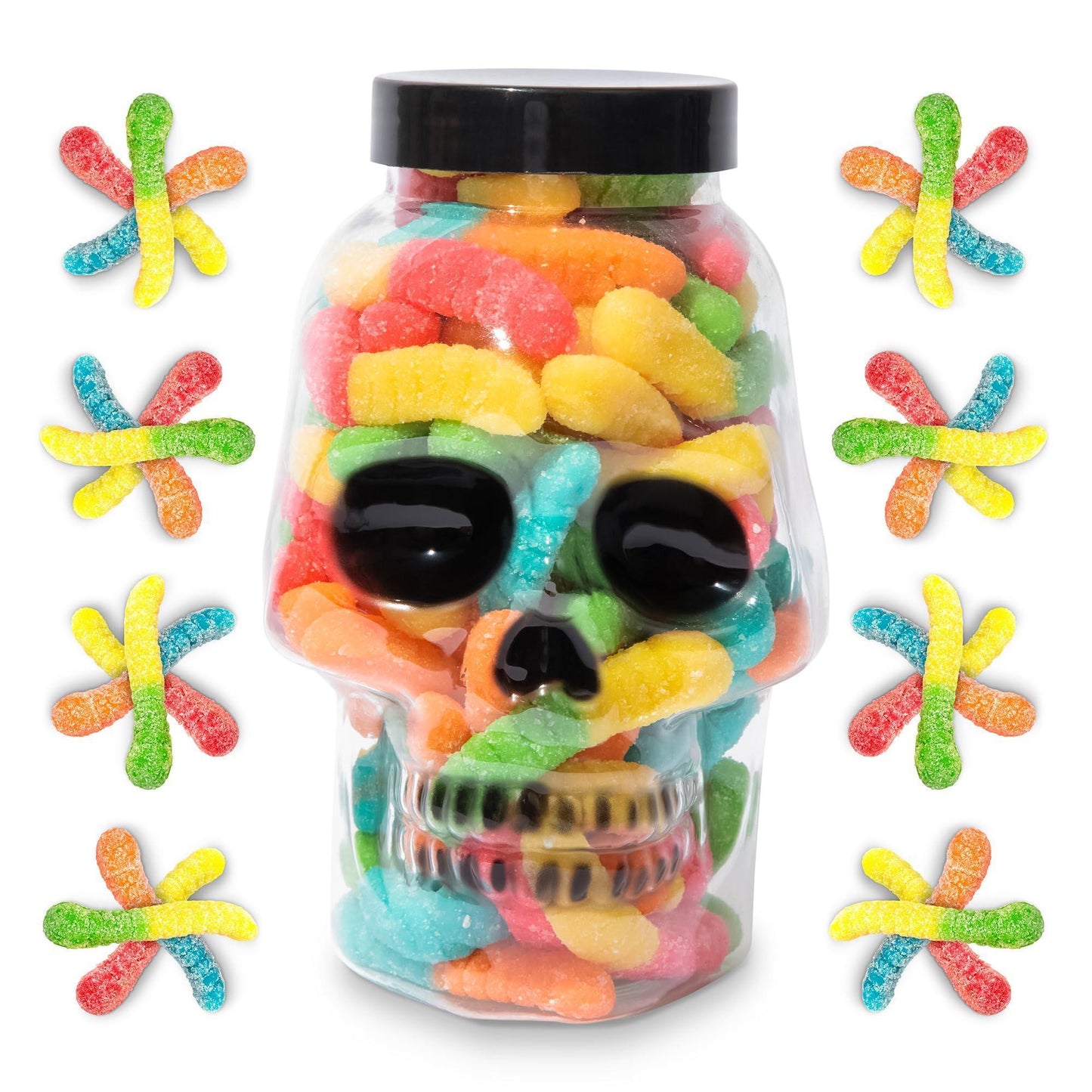 Halloween Trick or Treat Candies | Stuffed Sour Worms Gummies in Scary Skull Shape Candy Jar | Spooky Sweets | Perfect For Halloween - Loomini