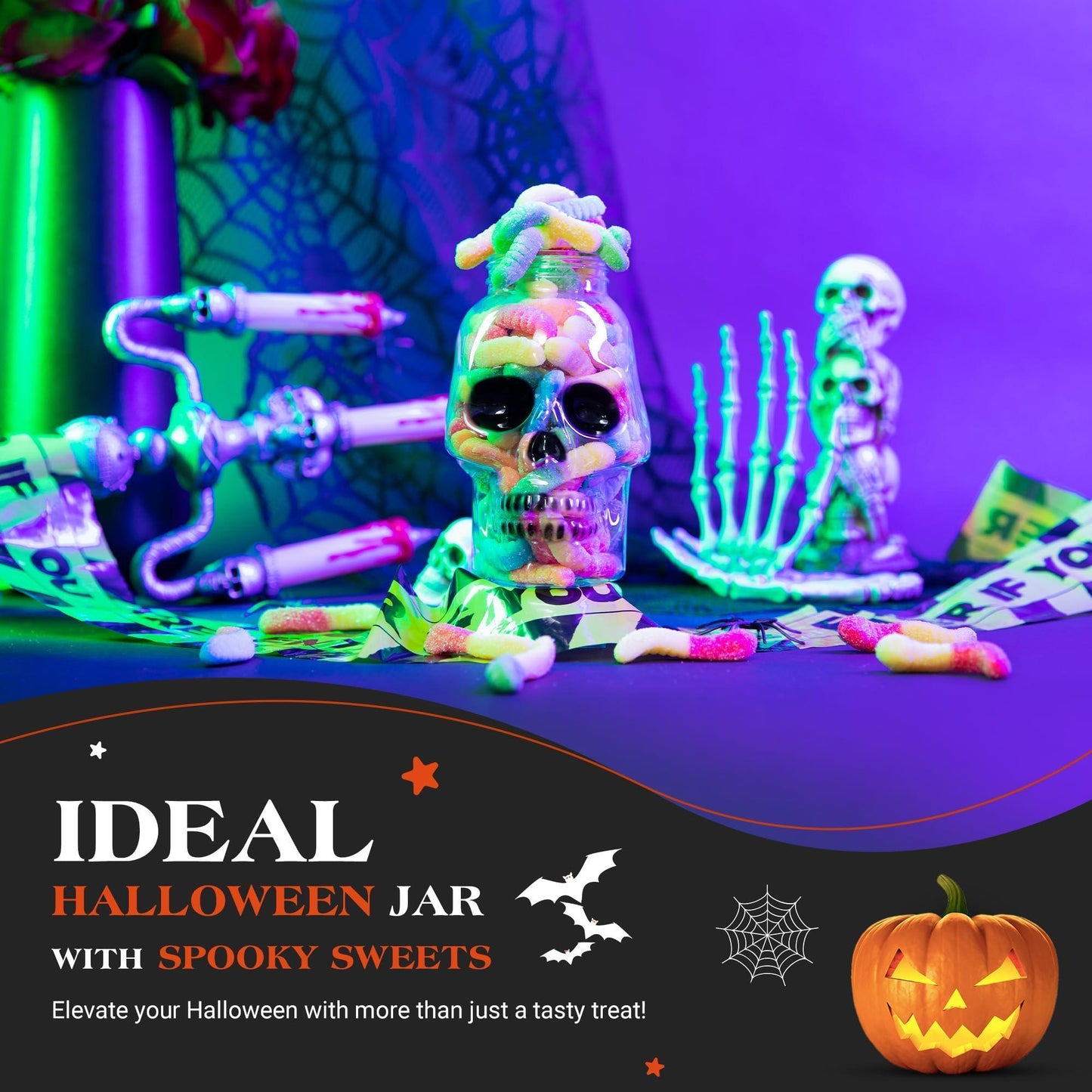 Halloween Trick or Treat Candies | Stuffed Sour Worms Gummies in Scary Skull Shape Candy Jar | Spooky Sweets | Perfect For Halloween - Loomini