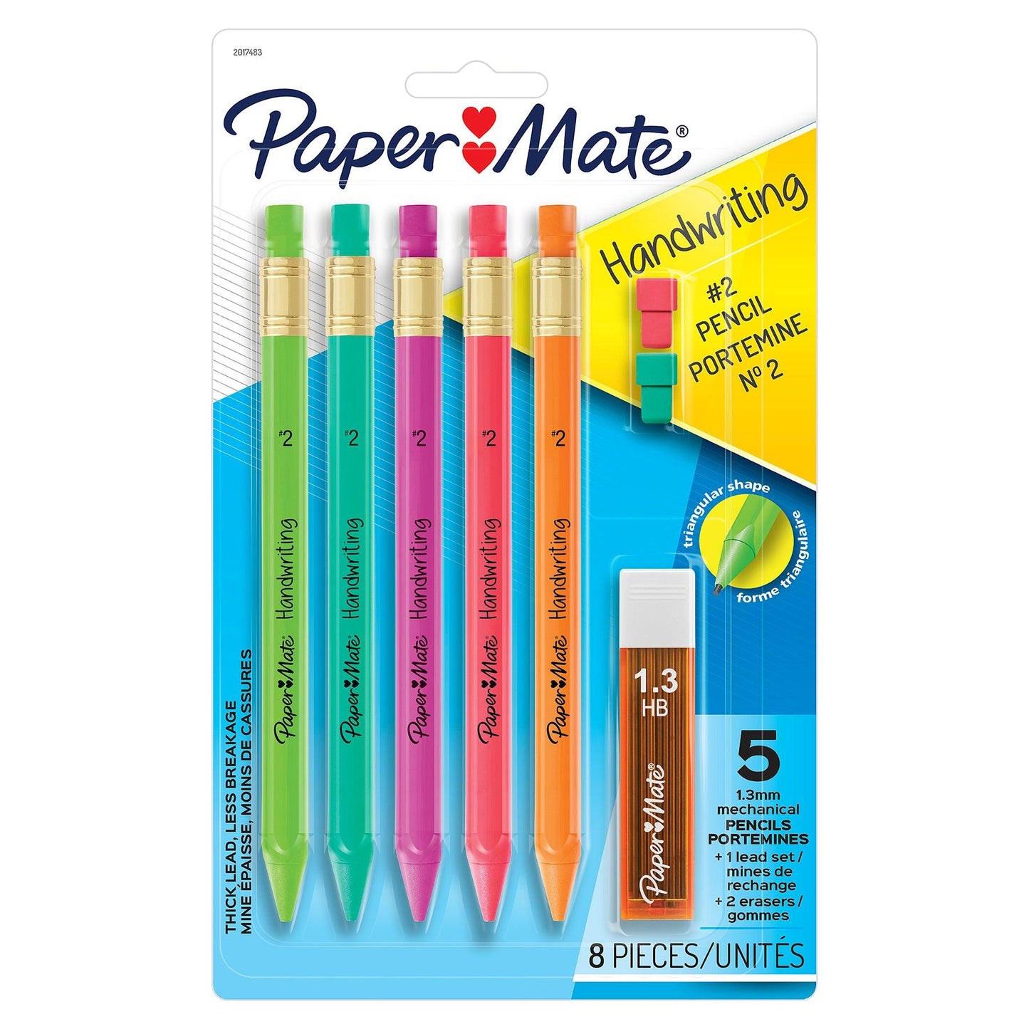 Handwriting Triangular Mechanical Pencil Set with Lead & Eraser Refills, 1.3mm, 5 Per Pack, 6 Packs - Loomini