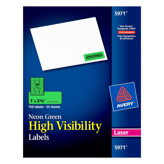 High-Visibility Labels, Permanent Adhesive, Neon Green, 1" x 2-5/8", 750 Labels - Loomini