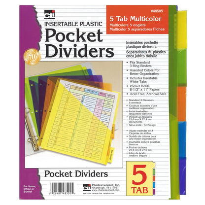 Index Dividers with Pockets, 5-Tab, Assorted Colors, 5/Pack, 6 Packs - Loomini