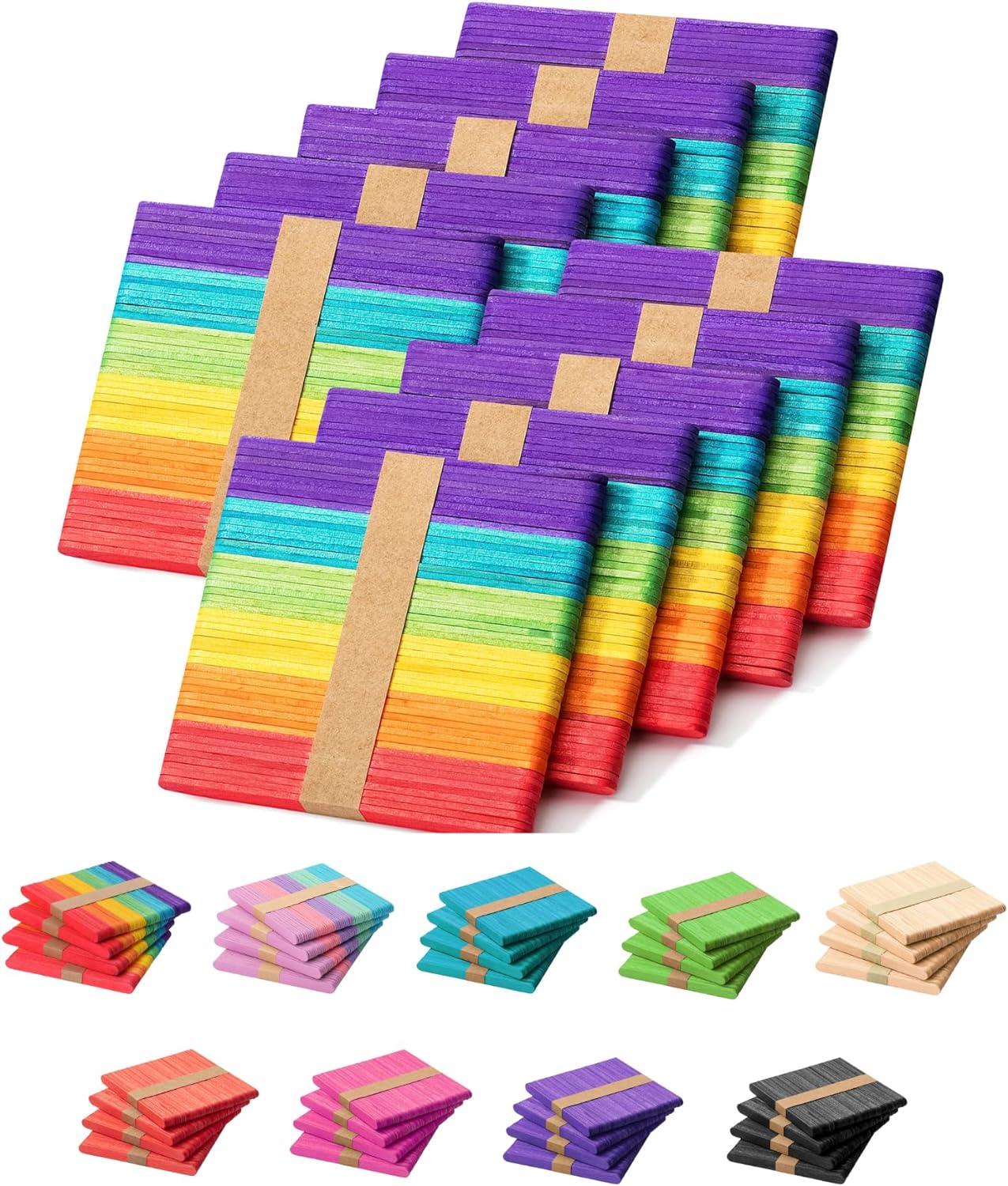 Jumbo Colored Popsicle Sticks, Wooden Rainbow Colored Popsicle Sticks for Crafts 6" x 0.75", 500 Pieces - Loomini