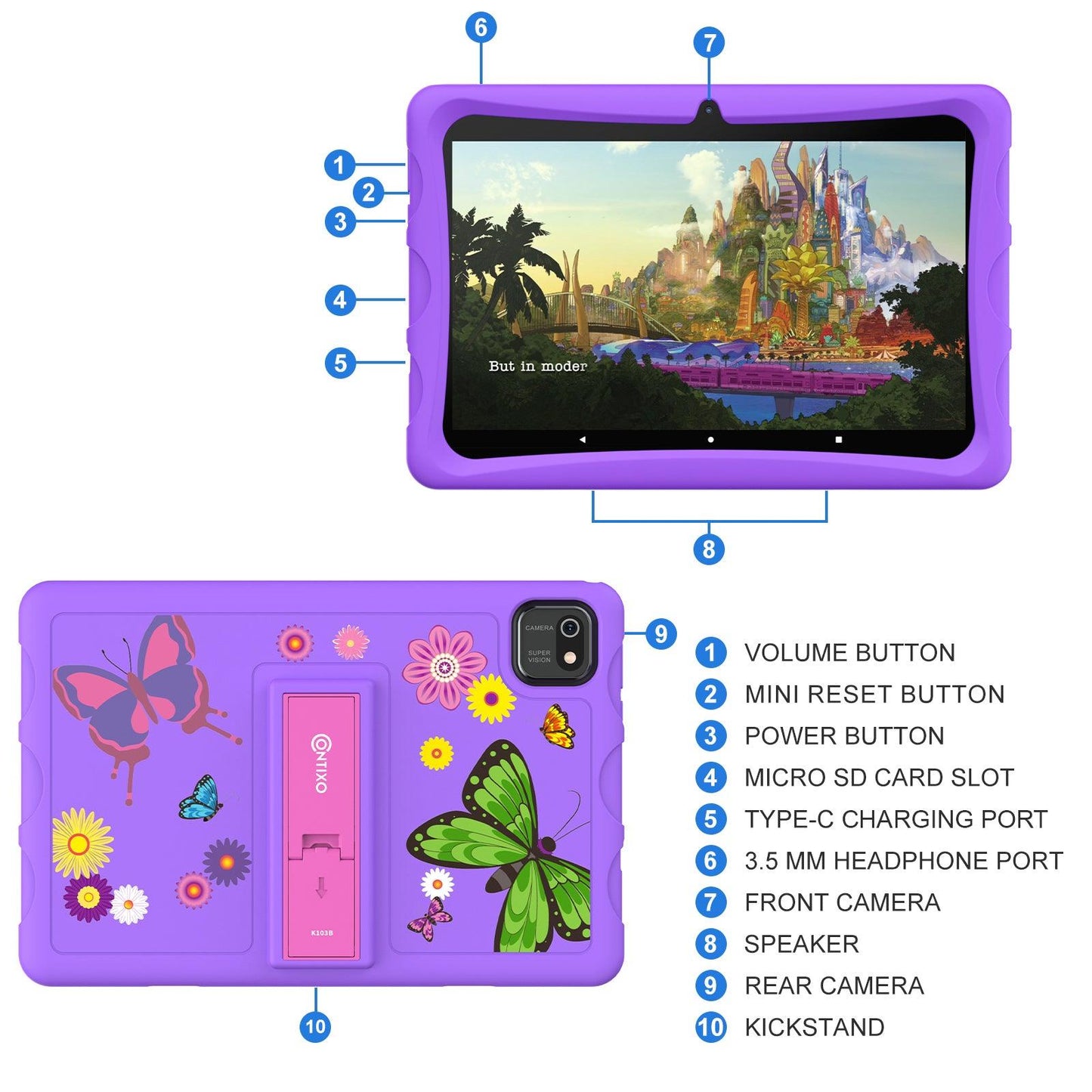 K103B 10-Inch Kids 64GB HD Tablet, Purple - Loomini