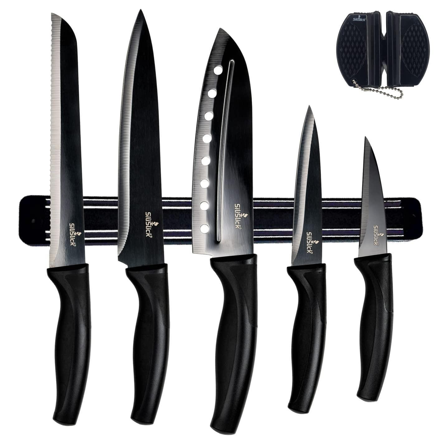 Kitchen Knife Set Kit 5 Professional Grade Iridescent Blade Knives | Includes Knife Sharpener & Magnetic Wall Hanger | All Black with Black Knife Rack - Loomini