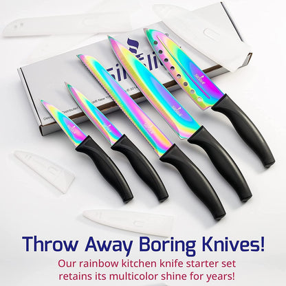 Kitchen Knife Set Kit 5 Professional Grade Iridescent Blade Knives | Includes Knife Sharpener & Magnetic Wall Hanger | All Black with Black Knife Rack - Loomini