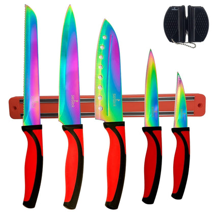 Kitchen Knife Set Kit 5 Professional Grade Iridescent Blade Knives | Includes Knife Sharpener & Magnetic Wall Hanger | Red Handle with Red Knife Rack - Loomini