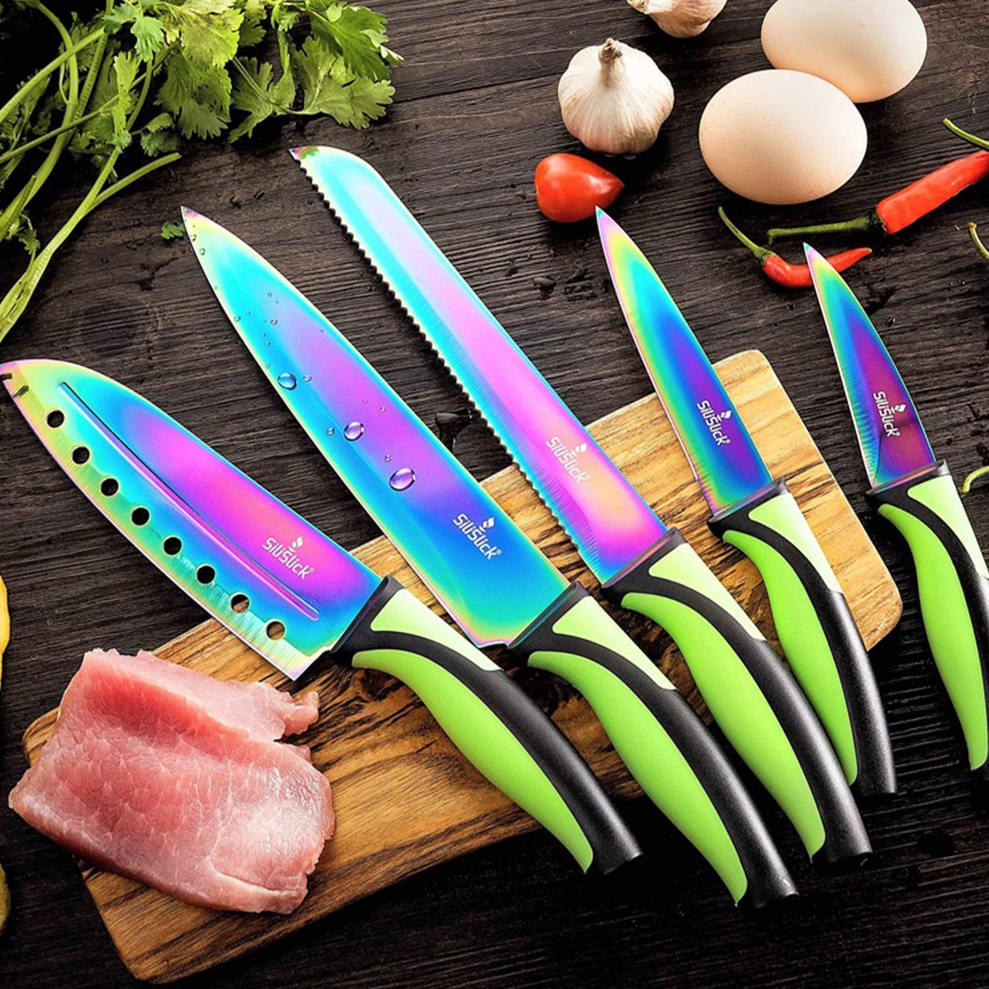 Kitchen Knife Set Kit 5 Professional Grade Iridescent Blade Knives | Includes Knife Sharpener & Magnetic Wall Hanger | Red Handle with Red Knife Rack - Loomini