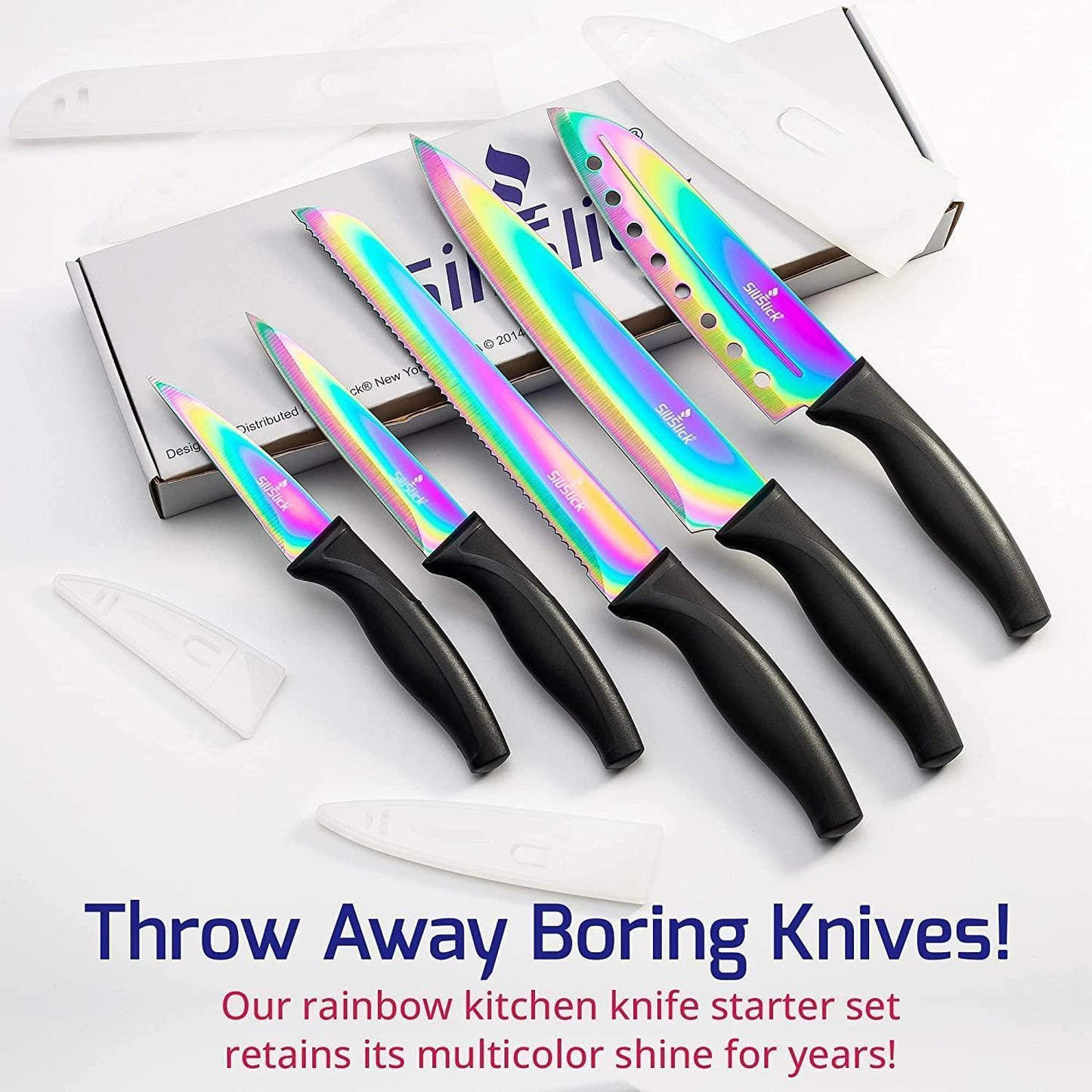 Kitchen Knife Set Kit 5 Professional Grade Iridescent Blade Knives | Includes Knife Sharpener & Magnetic Wall Hanger | Red Handle with Red Knife Rack - Loomini