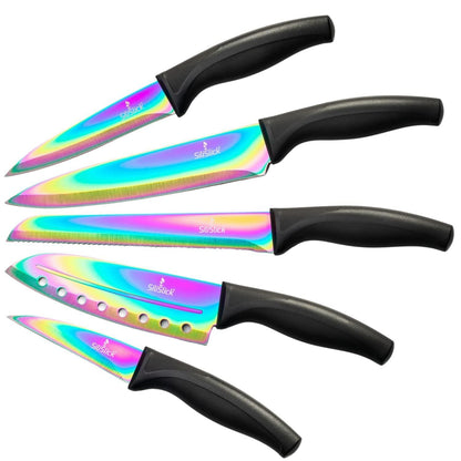 Kitchen Knife Set Professional Titanium Coated Stainless Steel Blades Dishwasher Safe Safety Sheaths 5 Knives - Loomini