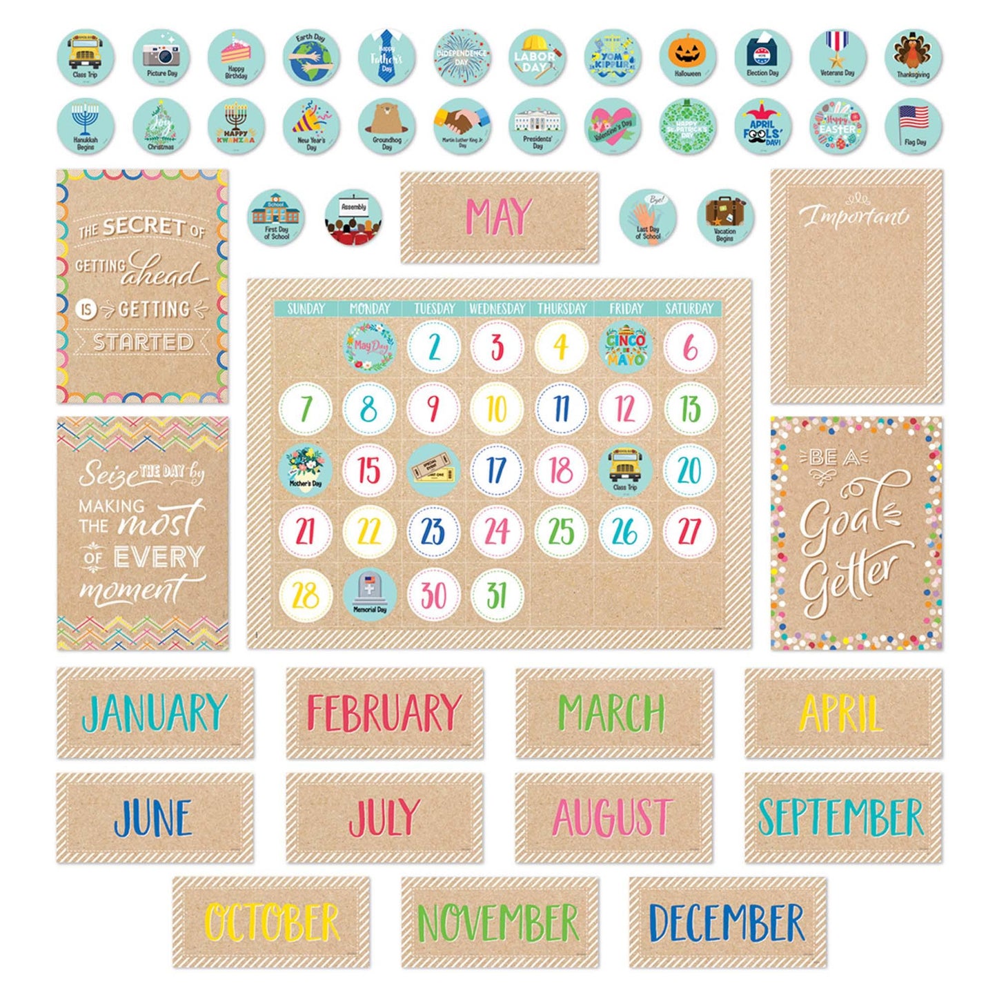 Krafty Pop Calendar Set Bulletin Board Set, 87 Pieces - Loomini