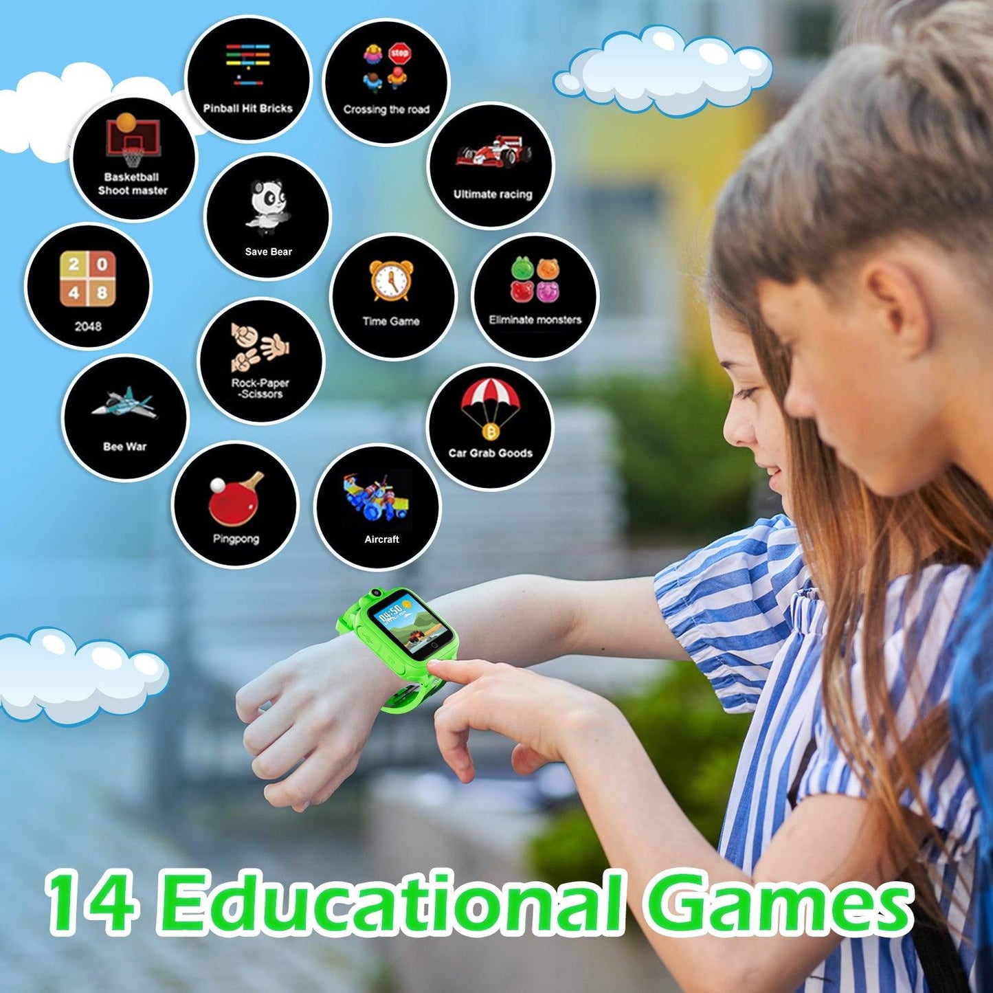 KW1 Smart Watch for Kids with Educational Games, HD Touch Screen, Camera, and MP3 Music Player, Green - Loomini