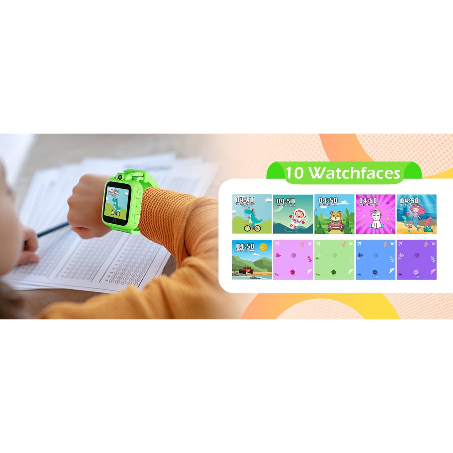 KW1 Smart Watch for Kids with Educational Games, HD Touch Screen, Camera, and MP3 Music Player, Green - Loomini